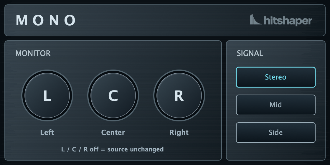 Mono with Left, Center and Right monitoring and Stereo, Mid and Side selection